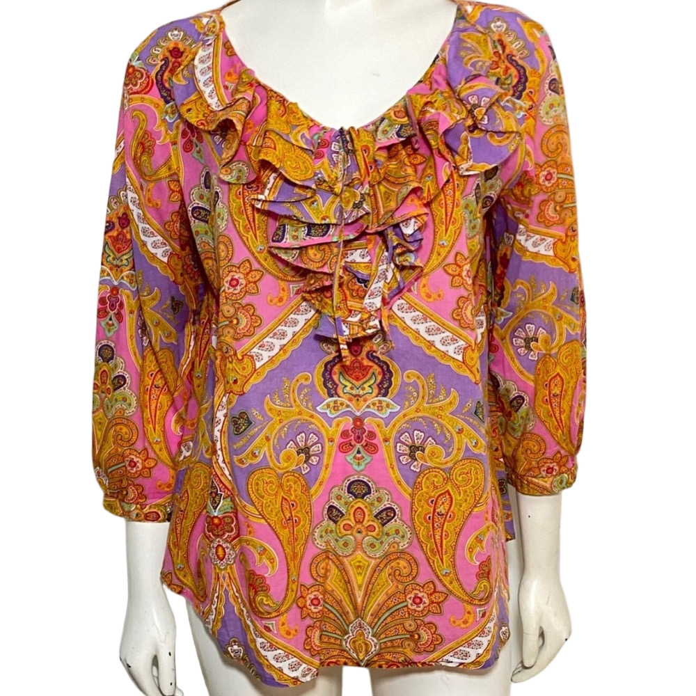 Lauren Ralph Lauren Pink, Purple & Gold Paisley Ruffle Front Blouse